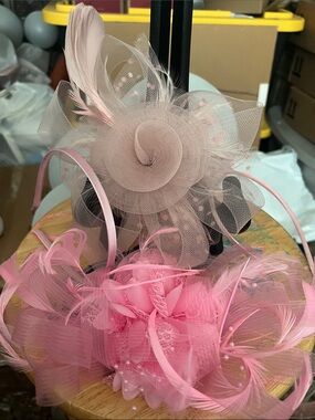 Delicate Pink Tulle Feather Fascinators - Pair